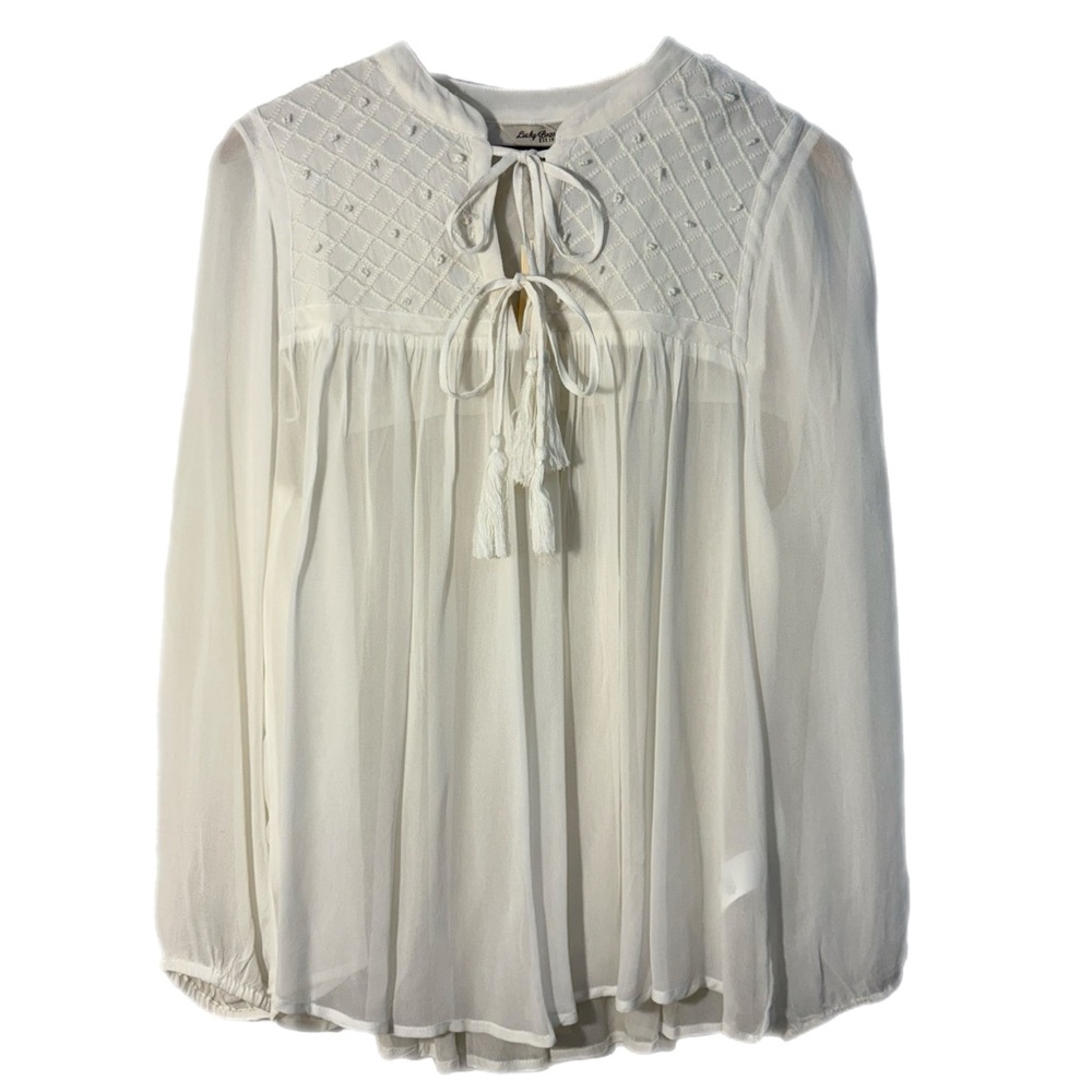 Lucky Brand Cream Boho Tie-Neck Peasant Blouse